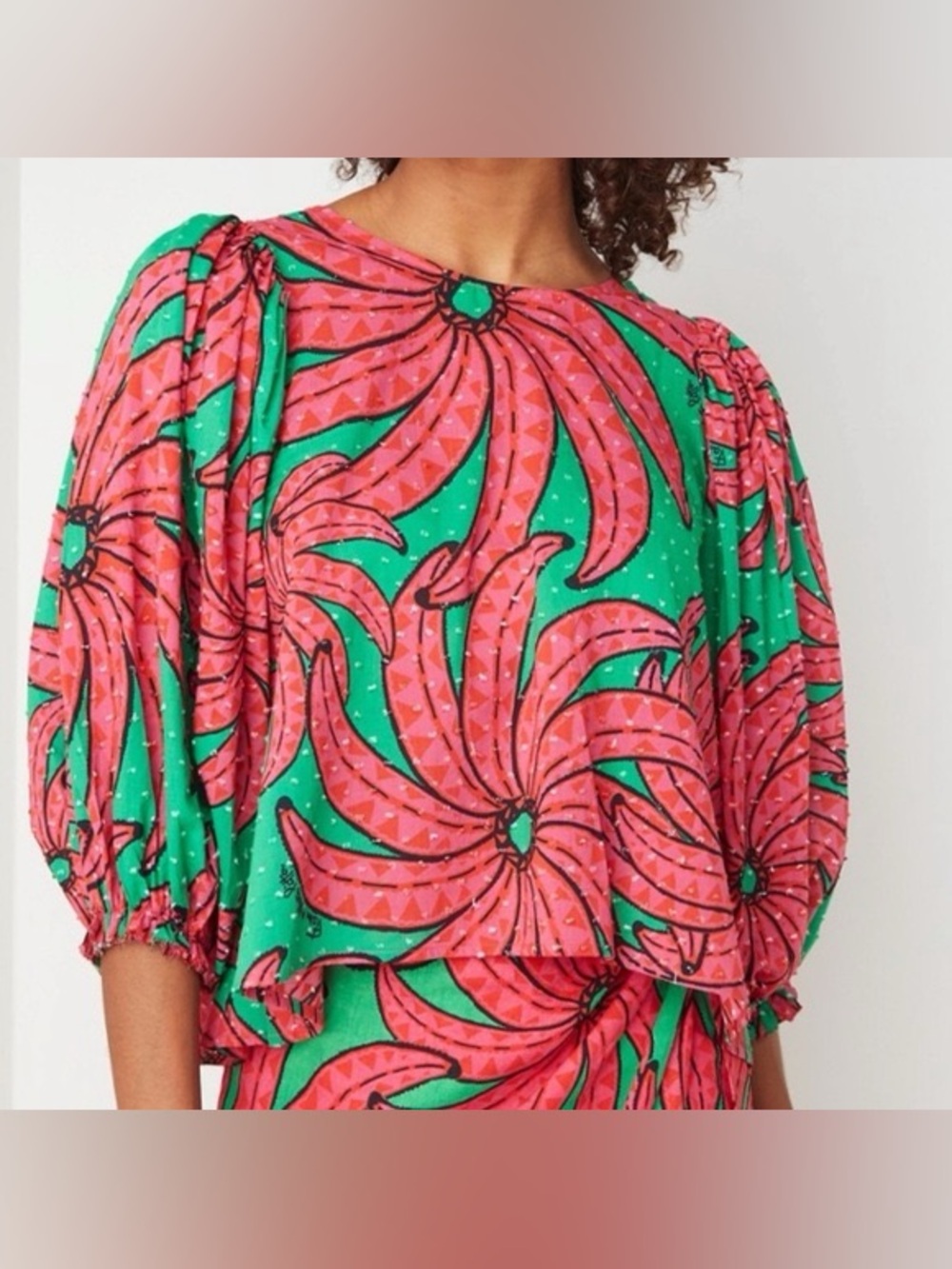 FARM Rio Pink & Green Floral Banana Pitta Puff Sleeve Blouse Size Small - Picture 2 of 7
